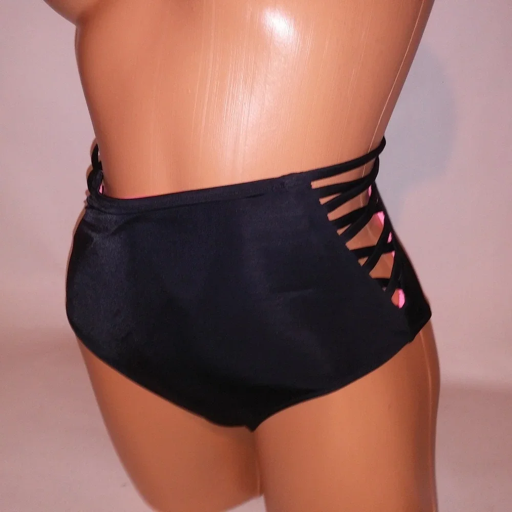 Victoria Secret PINK Swim Bottom Medium High Waist Bikini Solid Black Strappy